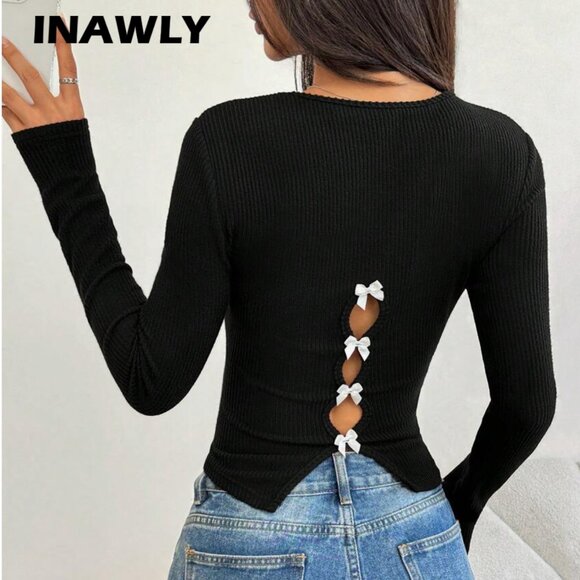 INAWLY Women's Sweet Casual Hollow Bowknot Back Fitted Round Neck Black T-Shirt, - Picture 2 of 2